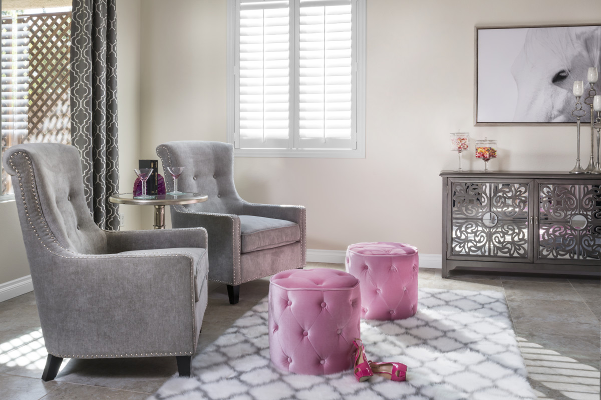 New Brunswick pink living room with shutters